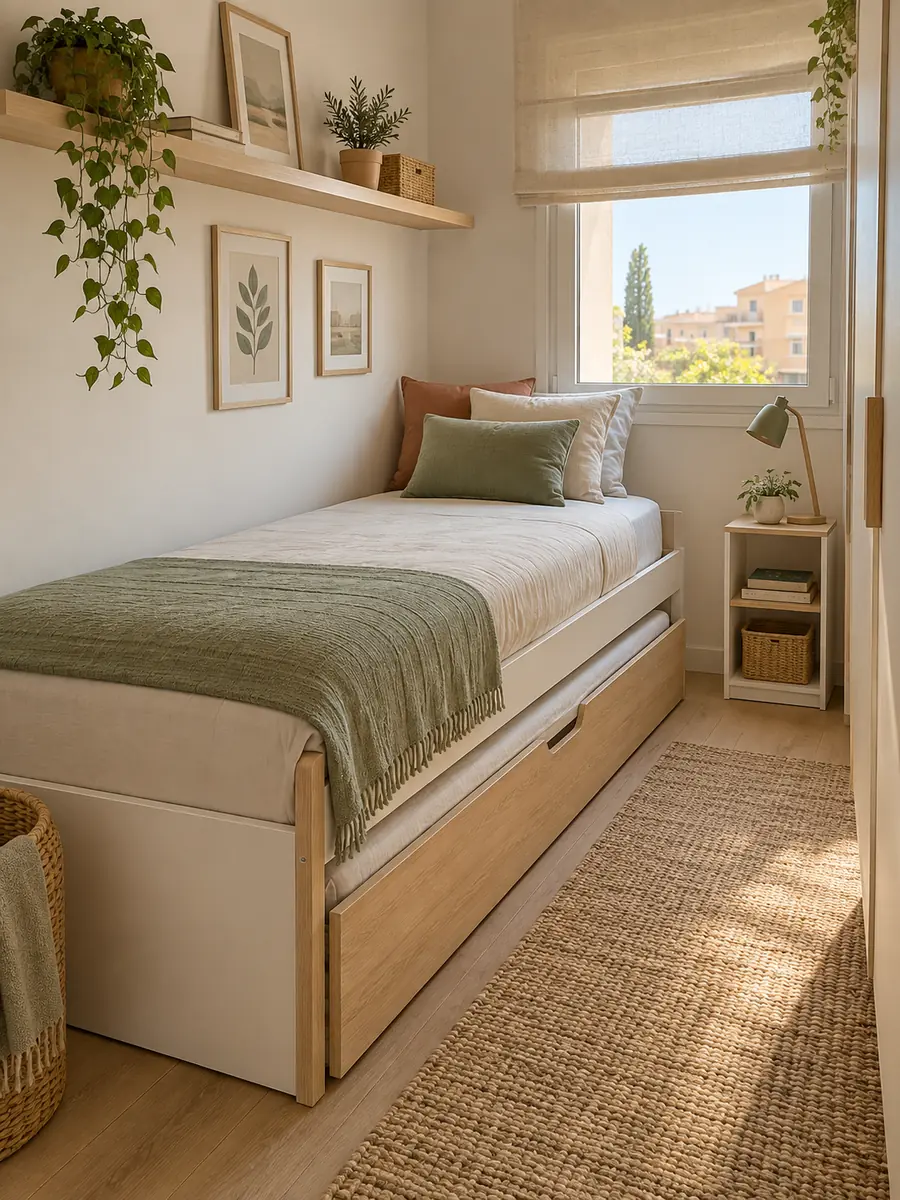 Cama nido juvenil con cama auxiliar guardada y espacio libre delante