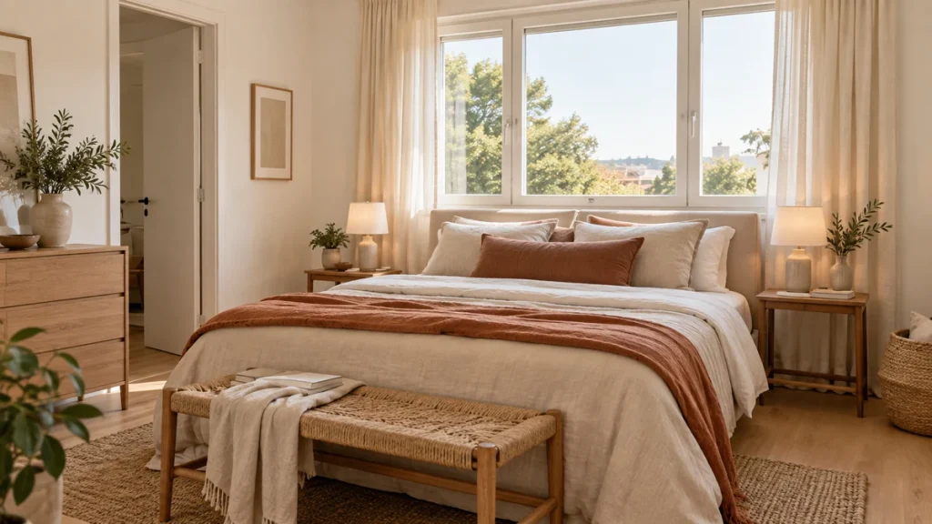 Dormitorio luminoso con cama doble colocada debajo de una ventana amplia y cabecero bajo