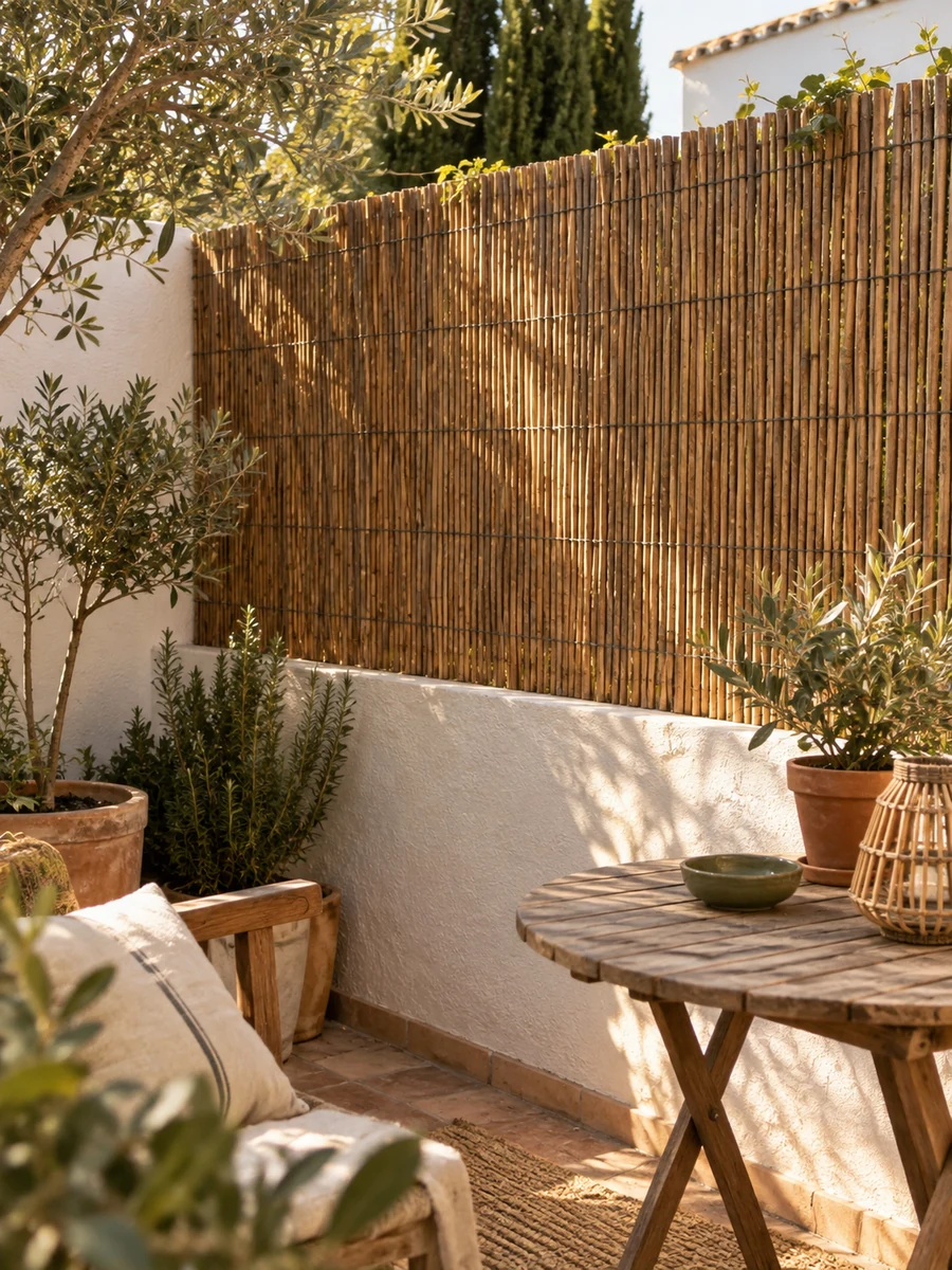 Cerramiento de cañizo y brezo natural en un patio