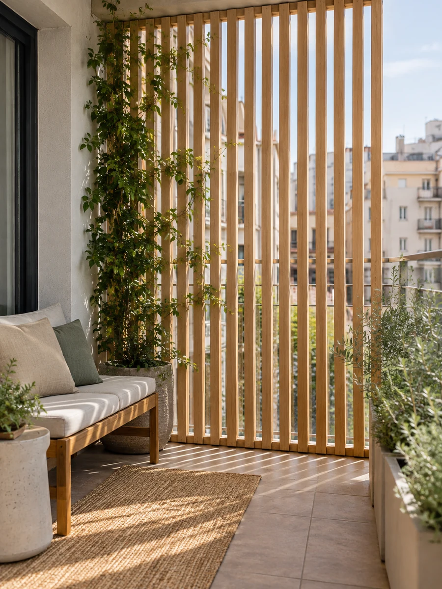 Celosía de madera que filtra las vistas en una terraza