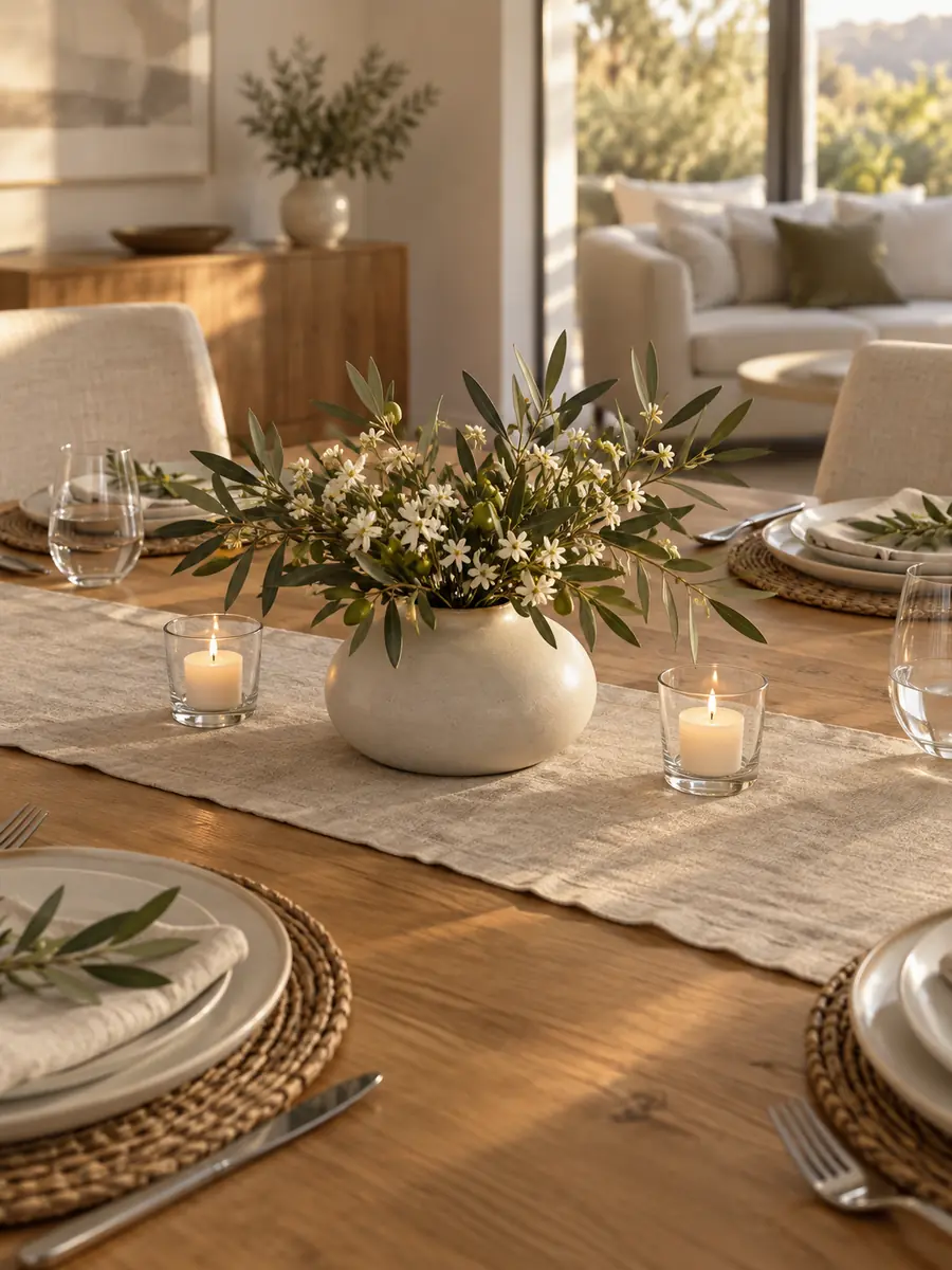 Centro de mesa bajo con flores y velas
