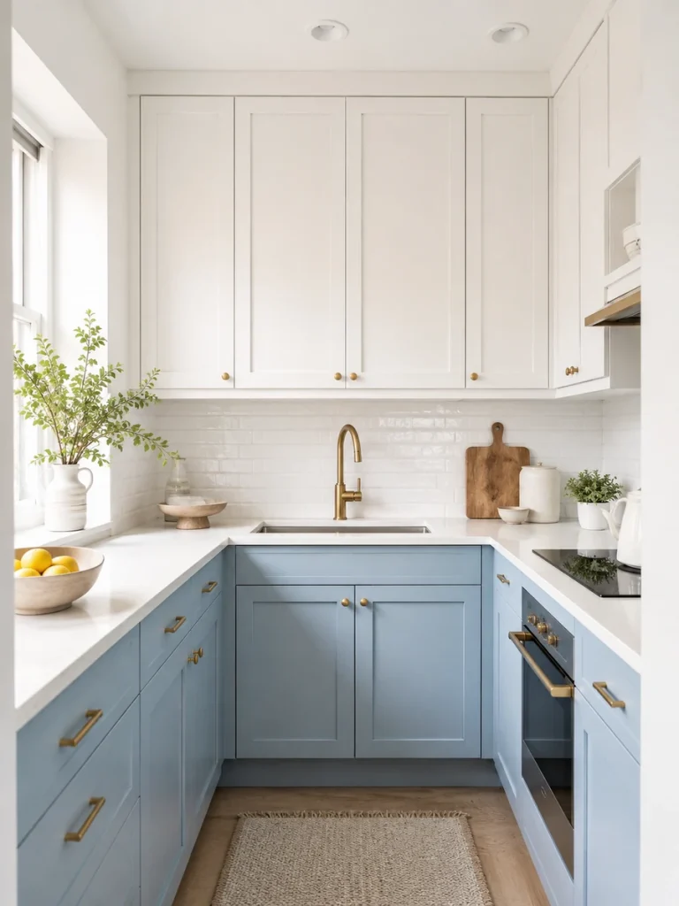Cocina pequeña en azul cielo, blanco y detalles en latón