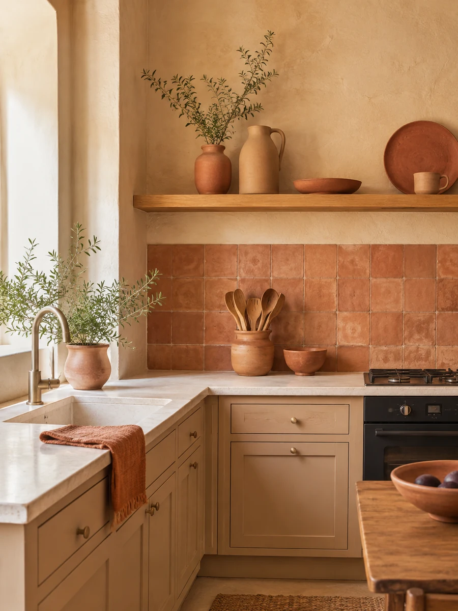 Cocina pequeña en beige arena y terracota suave