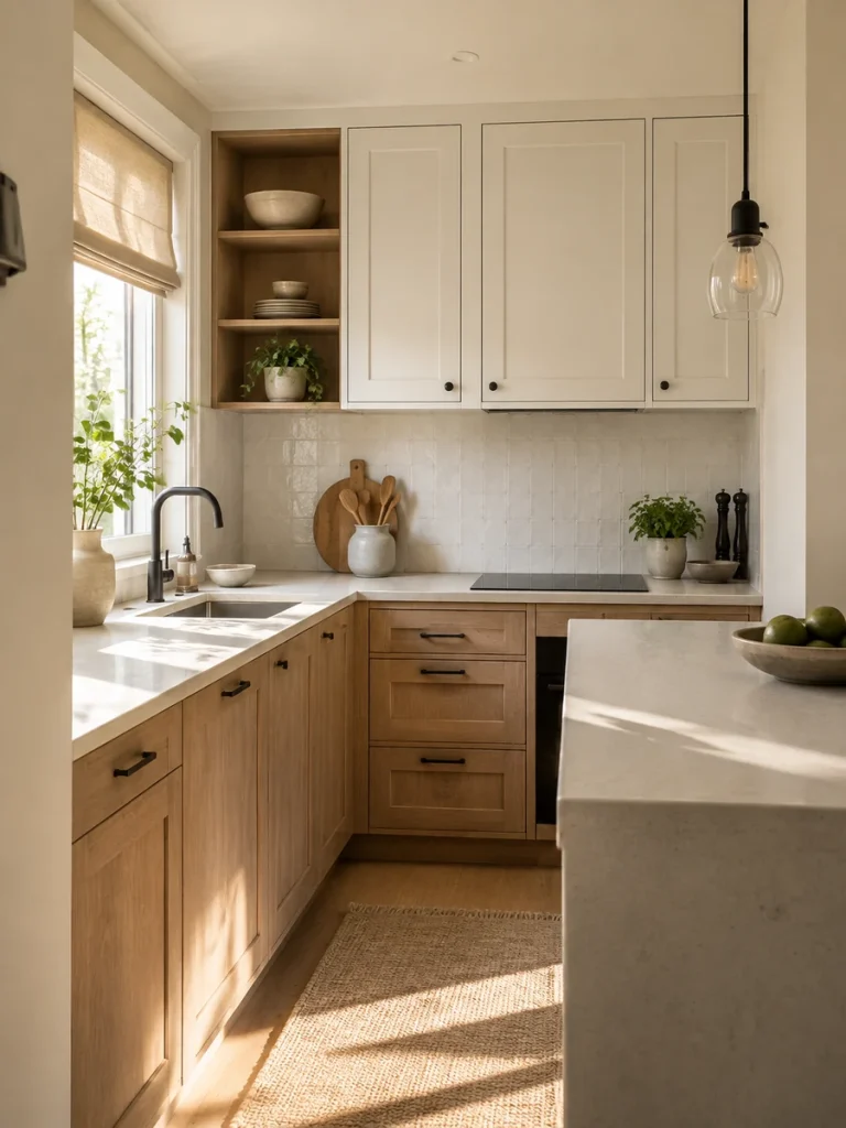 Cocina pequeña en blanco cálido y madera clara