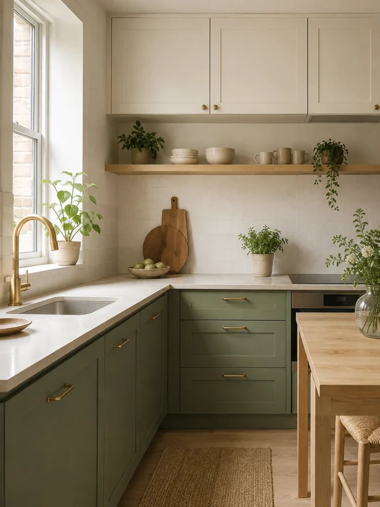 Cocina pequeña con muebles verde salvia, blanco y madera