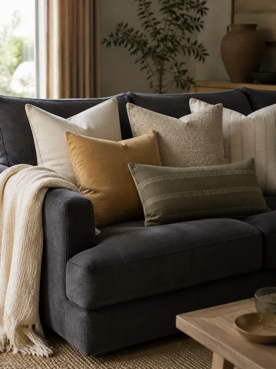 Cojines en tonos crema, beige, mostaza y verde oliva sobre un sofá gris oscuro