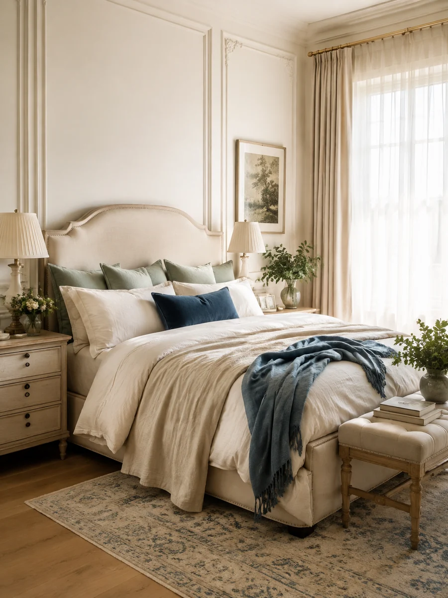 Dormitorio clásico en tonos neutros con acentos azul grisáceo, cabecero tapizado y cortinas elegantes
