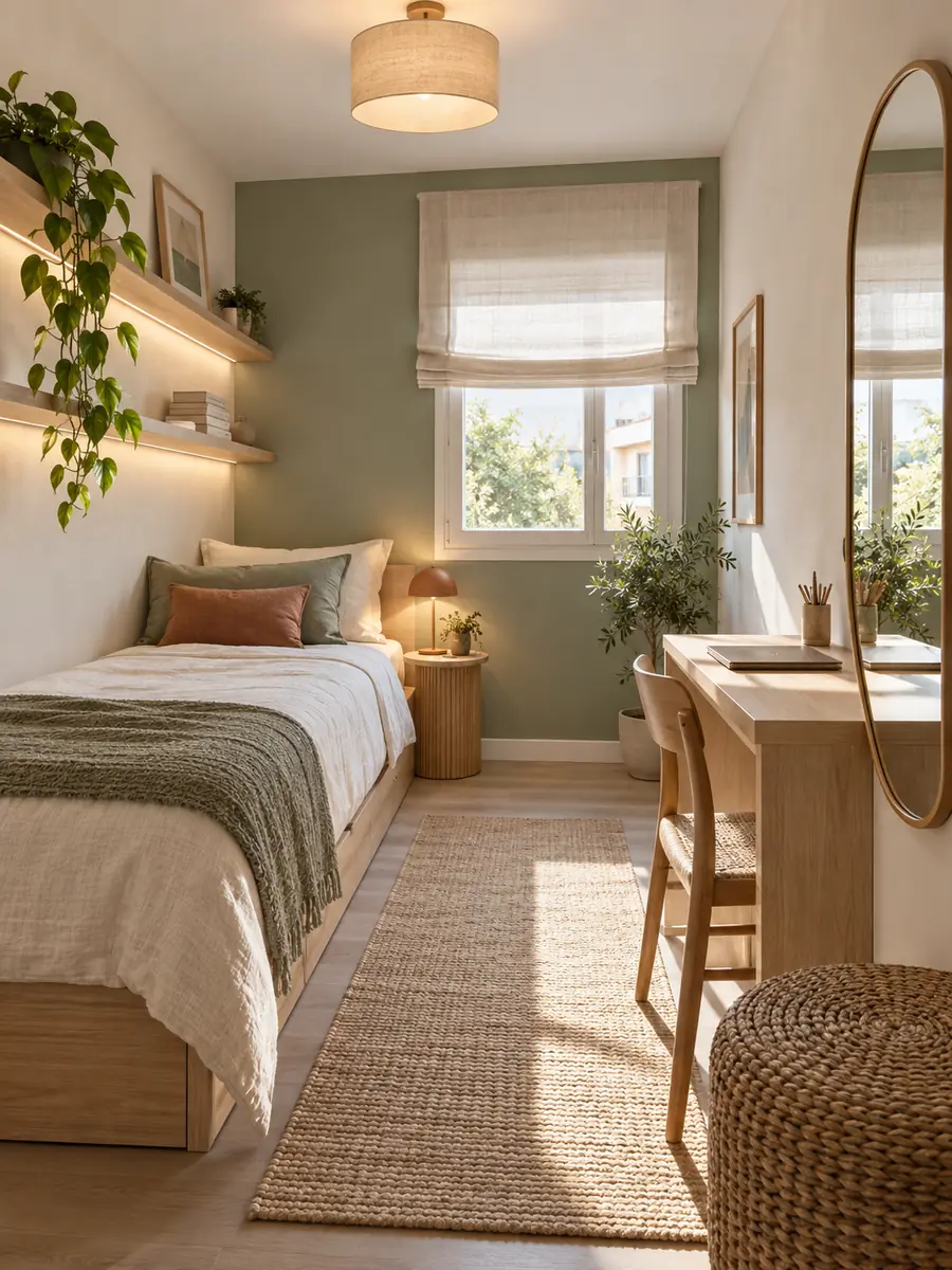 Dormitorio juvenil estrecho en tonos claros con pared verde y luces cálidas