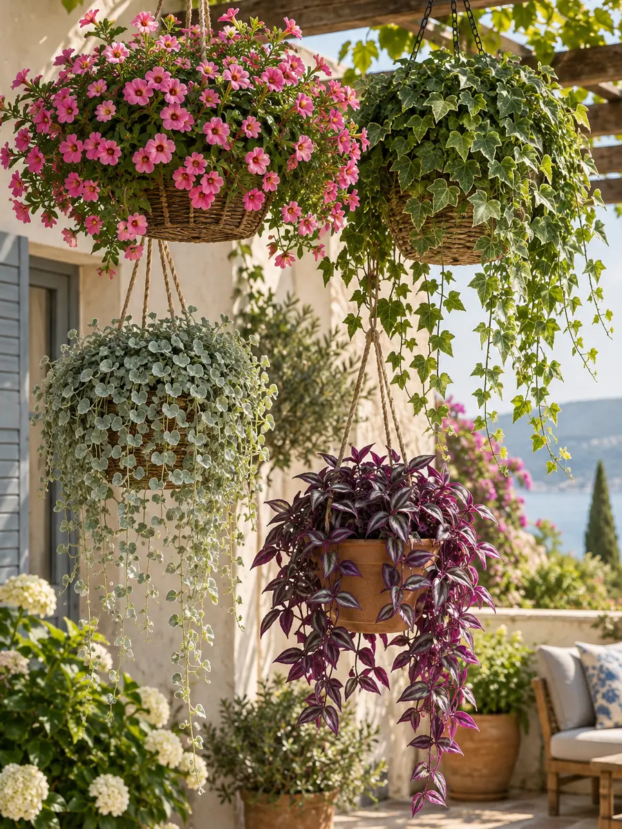 Combinación de flores y follaje en macetas colgantes de exterior