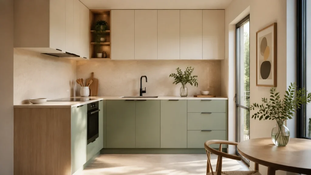 Cocina pequeña en blanco, verde salvia y madera clara