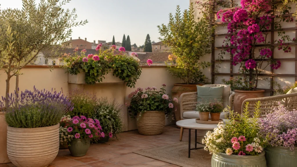 Terraza decorada con plantas y flores en macetas de distintos tamaños