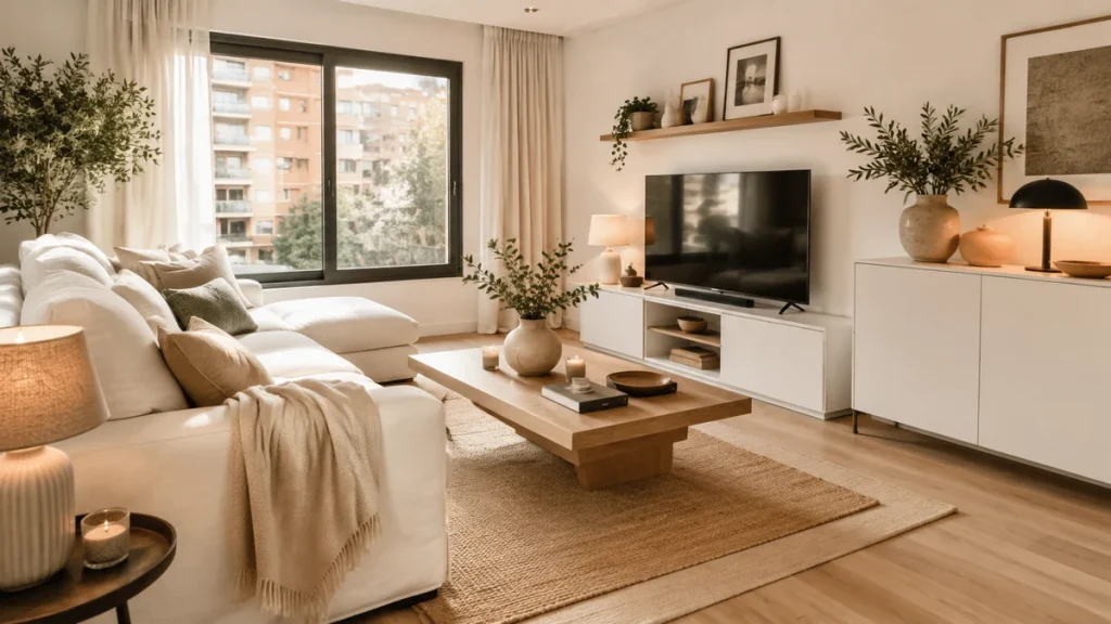 Salón acogedor con muebles blancos, madera y textiles naturales