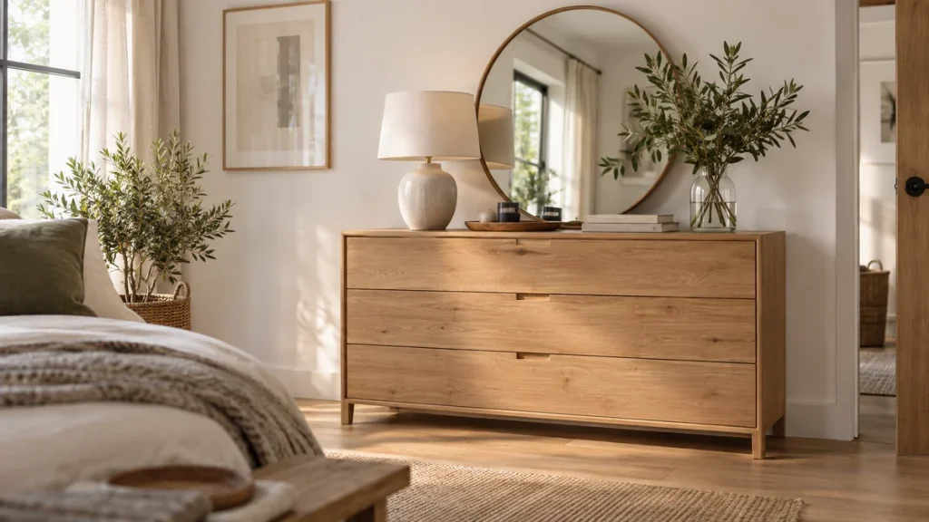 Cómoda de madera decorada con espejo, lámpara y elementos naturales Cómoda de madera decorada con espejo, lámpara y elementos naturales