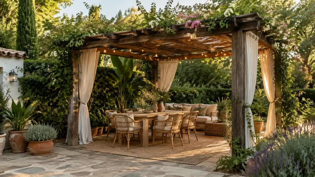 Pérgola de jardín decorada con plantas, cortinas y luces cálidas