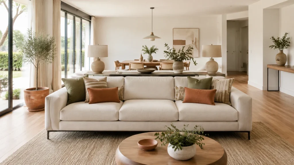 Sofá beige en medio del salón separando la zona de estar y el comedor