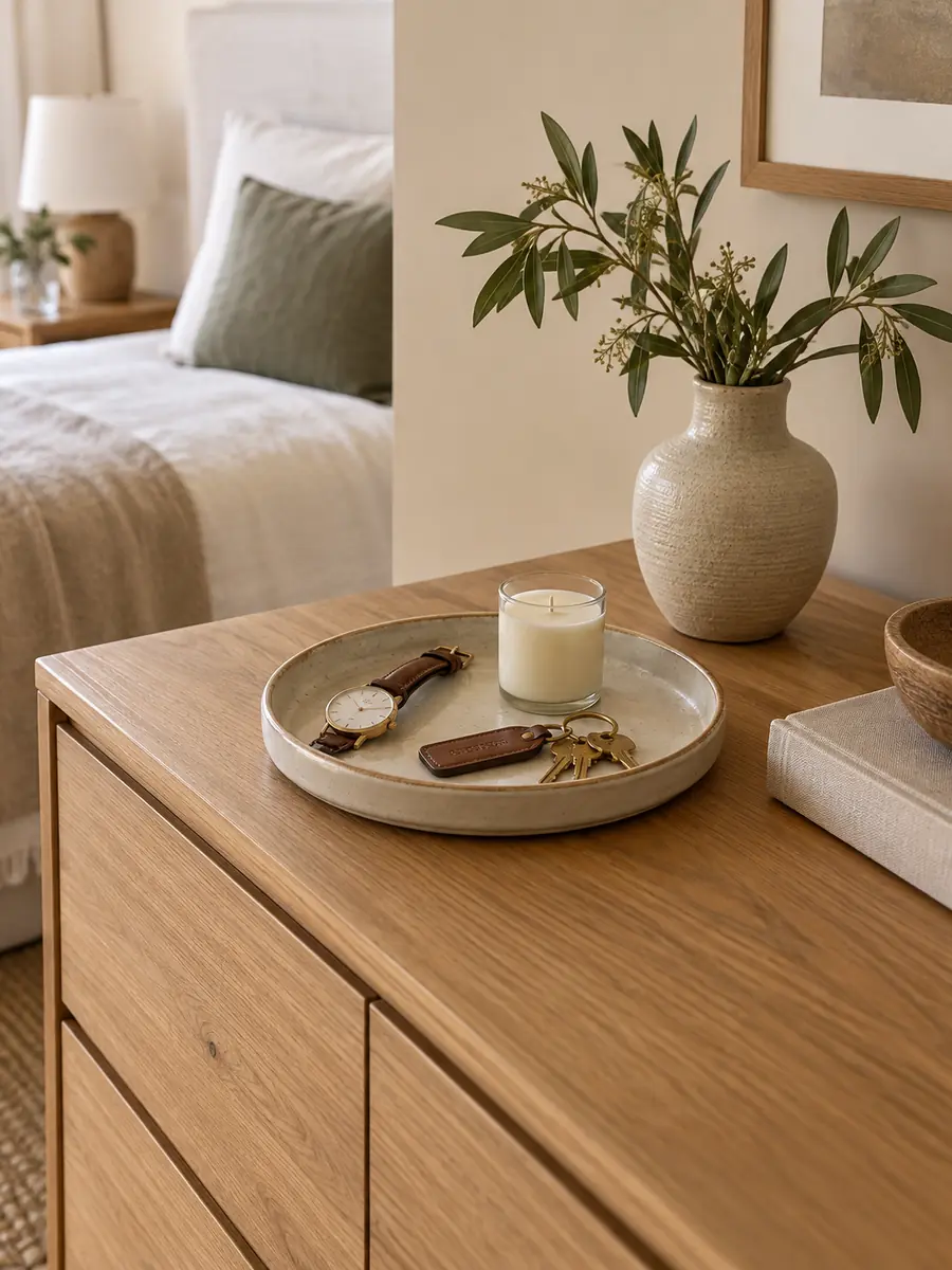 Cómoda de madera con bandeja organizadora Bandeja organizadora con objetos decorativos sobre una cómoda de madera