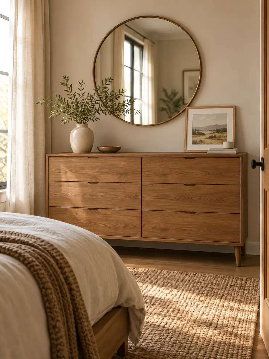 Cómoda de madera decorada con espejo redondo y cuadro Cómoda de madera decorada con un espejo redondo y un cuadro