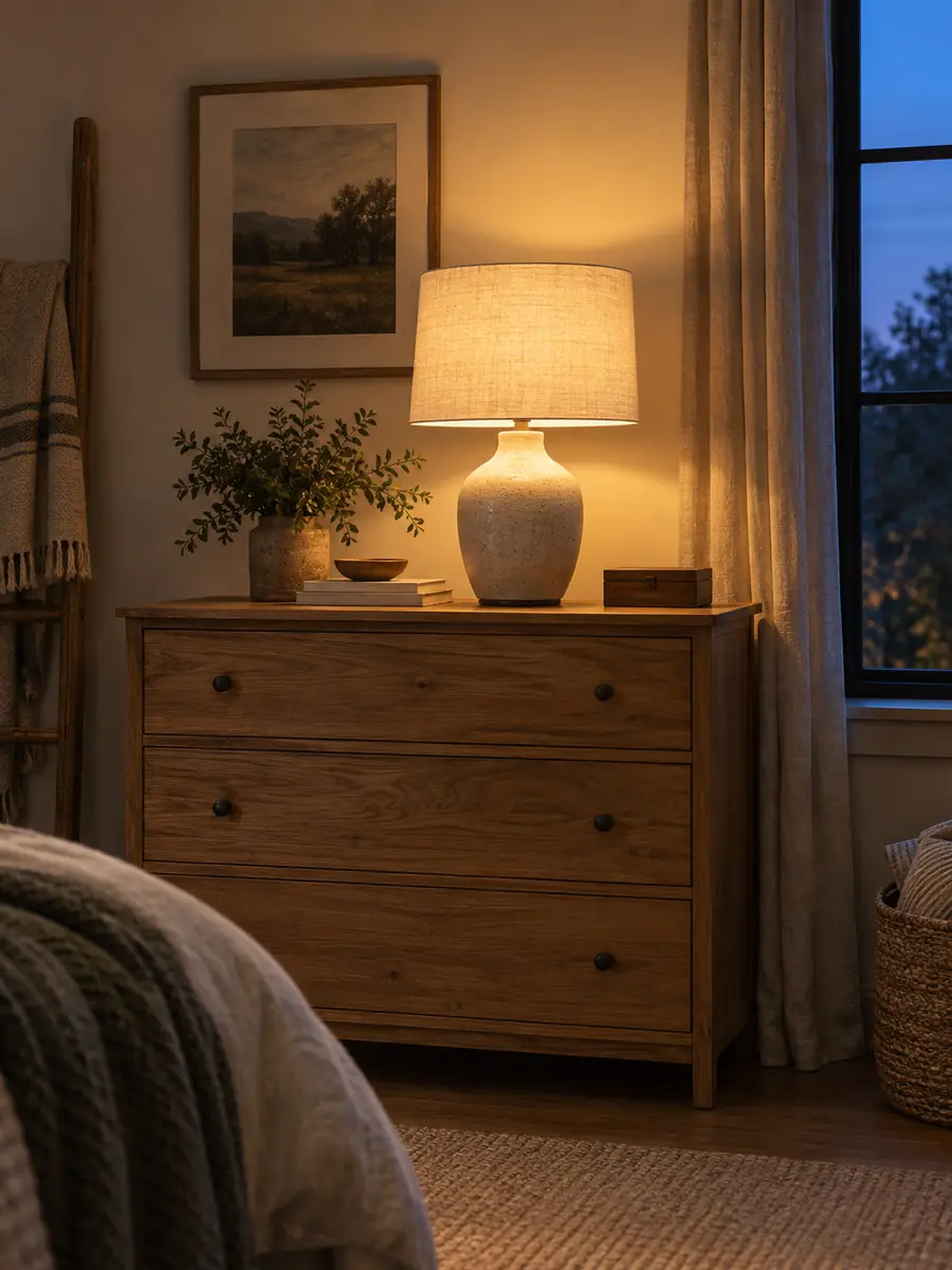 Cómoda de madera con lámpara de mesa y luz cálida Cómoda de madera con lámpara de mesa y luz cálida