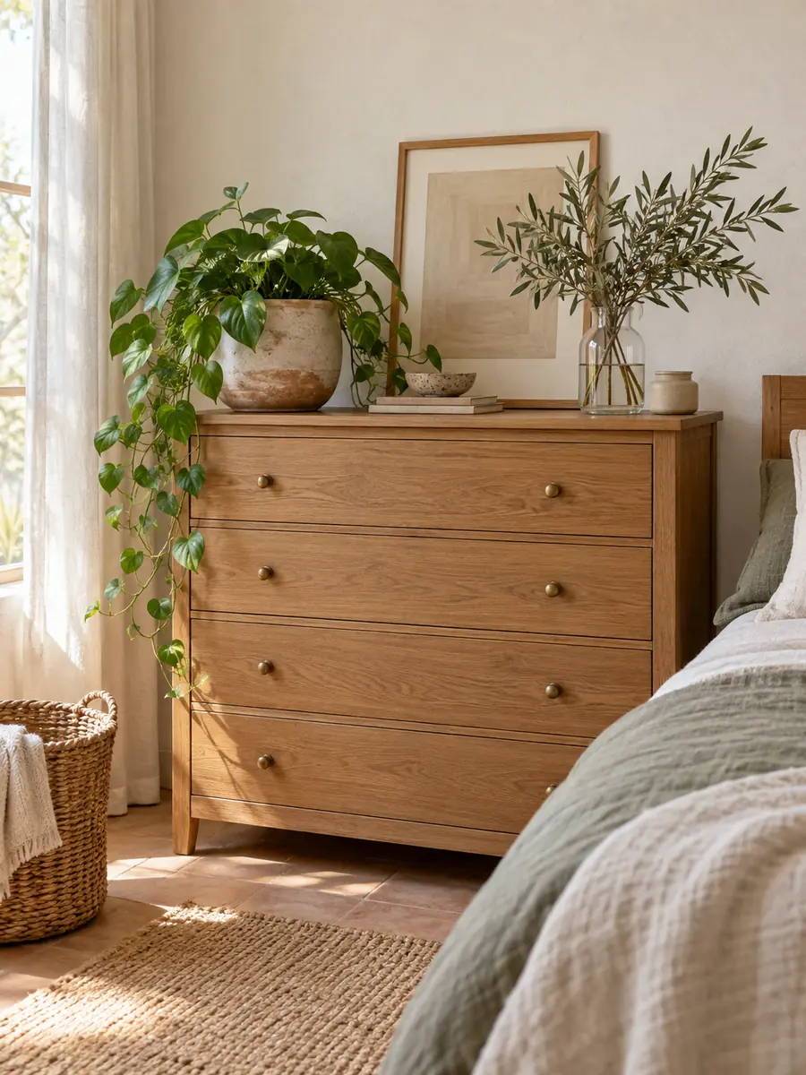 Cómoda de madera decorada con plantas y ramas verdes Cómoda de madera con jarrón de ramas verdes y planta decorativa