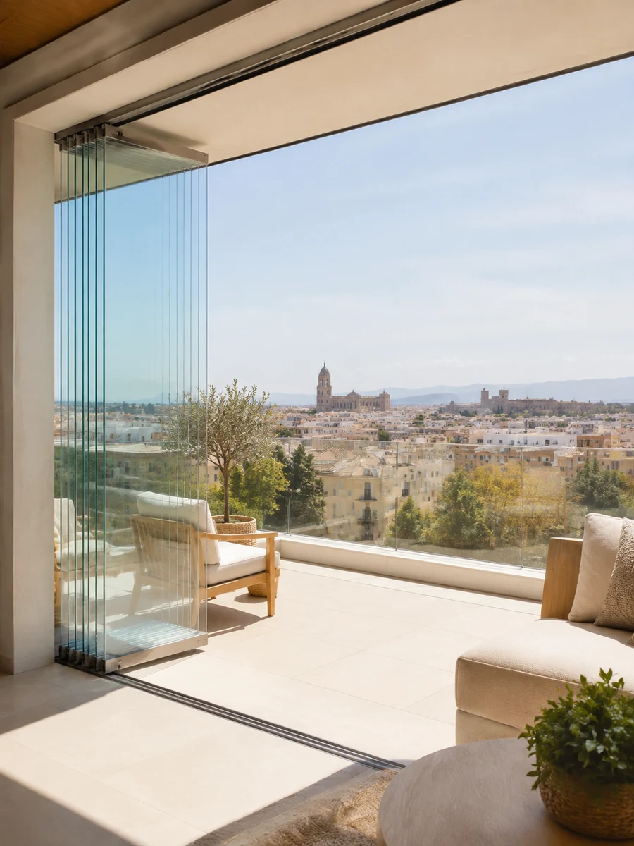 Cortina de cristal con paneles plegados en un lateral de la terraza