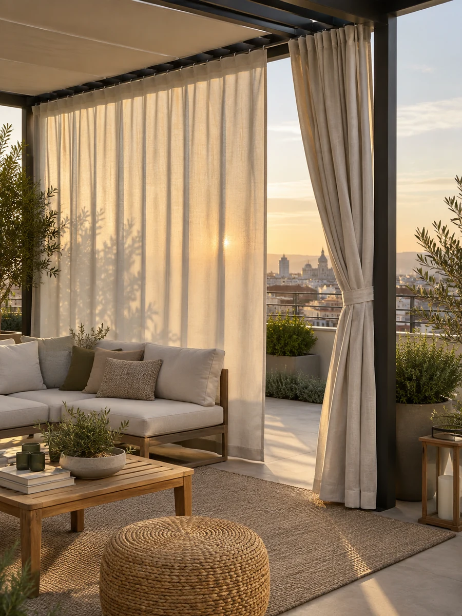Cortinas exteriores laterales en una terraza