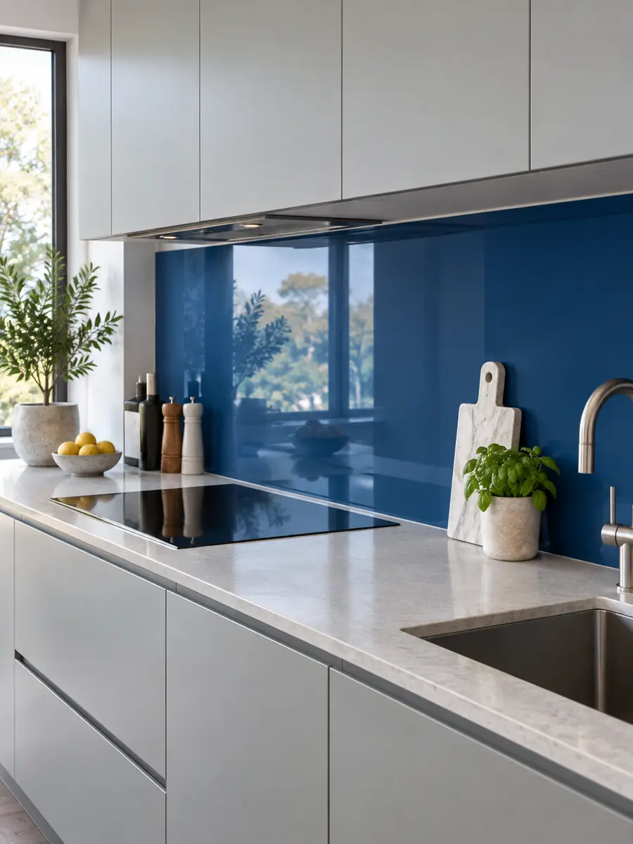 Frente de cocina de cristal lacado azul petróleo fácil de limpiar