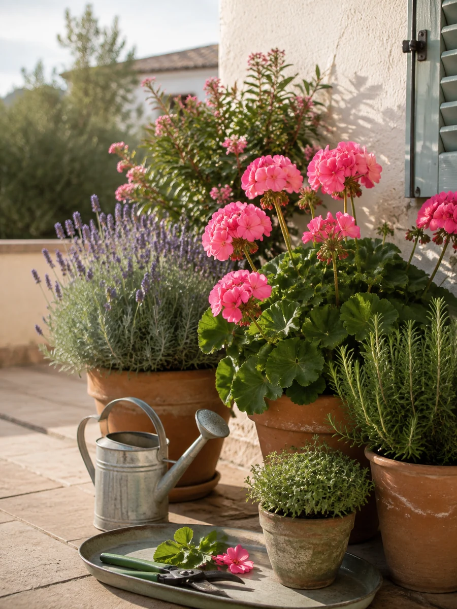 Mantenimiento de plantas en una terraza con flores, regadera y tijeras de poda
