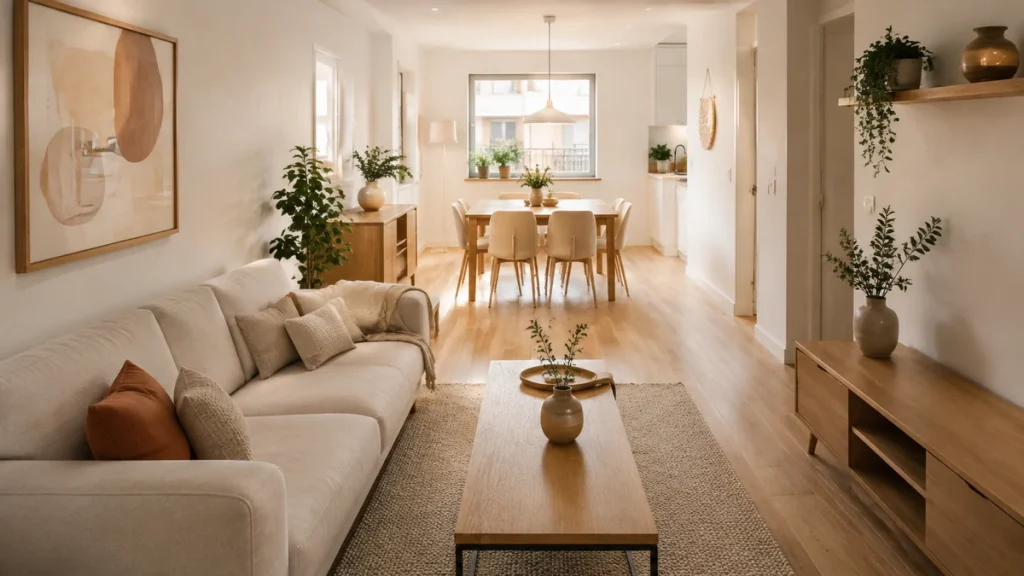 Salón comedor rectangular de 20 metros decorado con sofá claro y mesa de madera