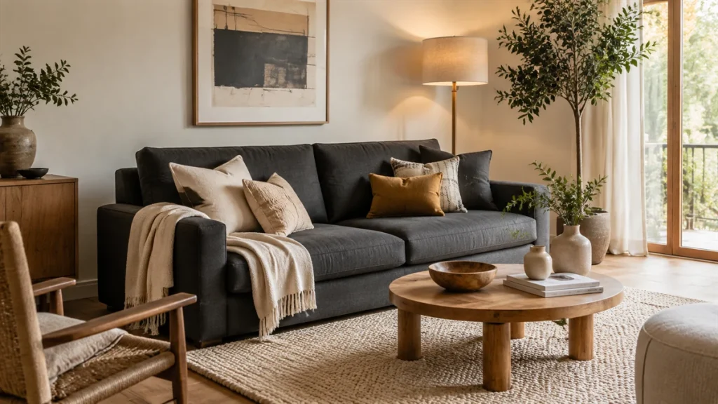Salón luminoso decorado con sofá gris oscuro, alfombra clara, madera y cojines en tonos neutros