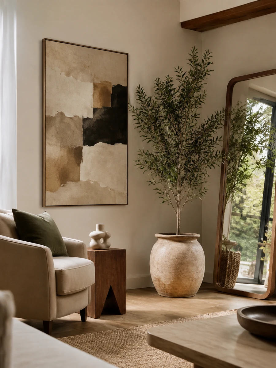 Rincón de salón con cuadro, planta, espejo y materiales naturales