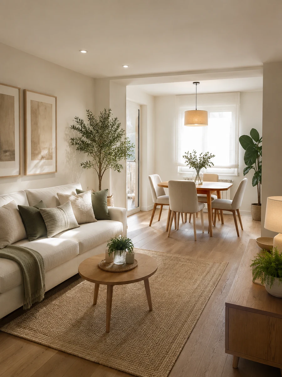 Salón comedor rectangular de 20 metros distribuido en forma de L con sofá y comedor