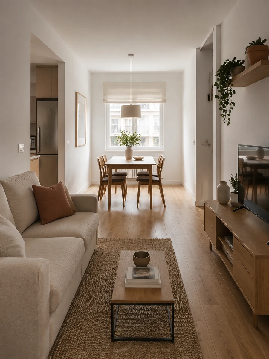 Salón comedor rectangular de 20 metros con distribución lineal y mesa junto a la ventana