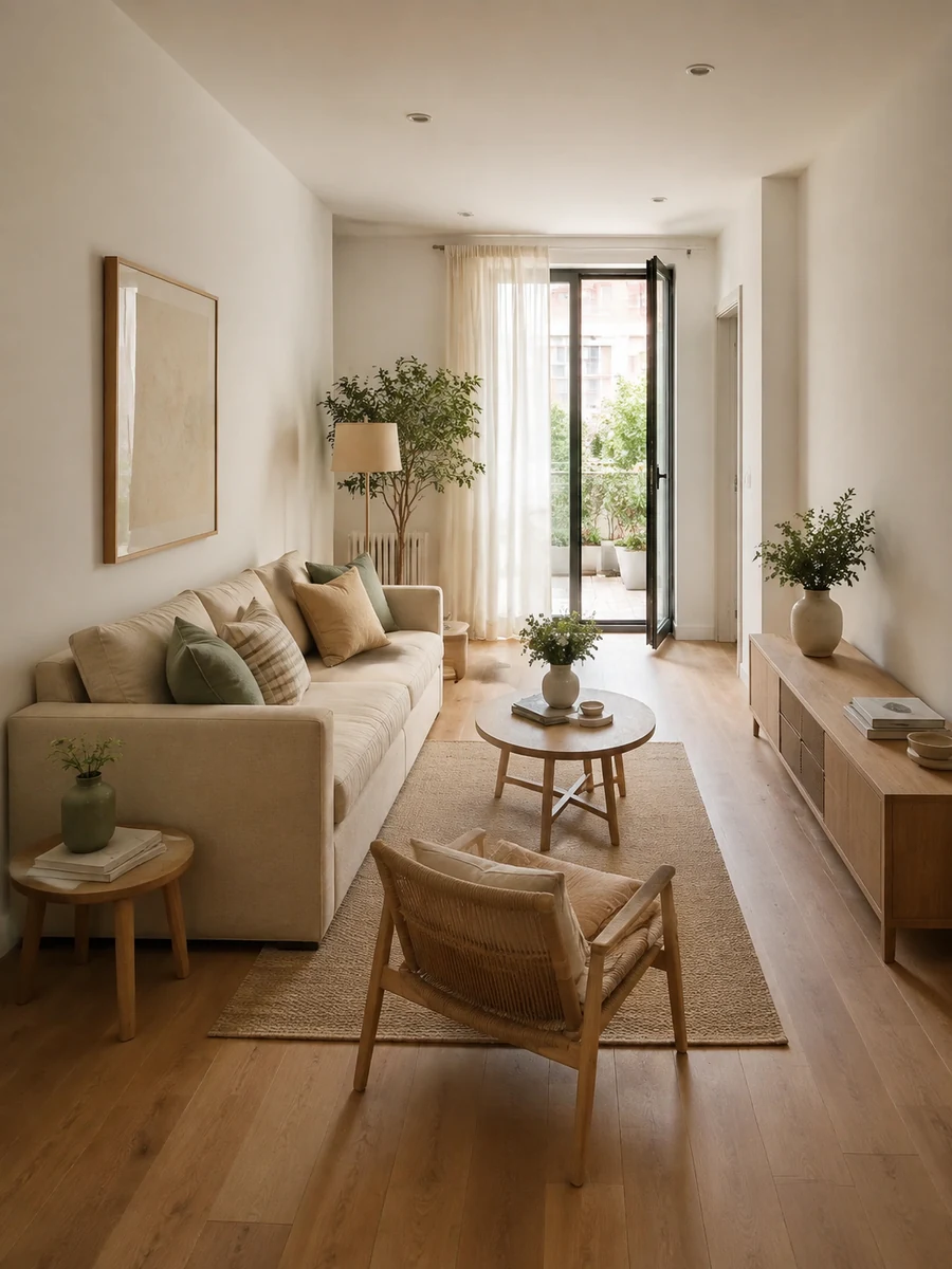 Salón alargado y estrecho con sofá recto junto a la pared y zona de paso despejada