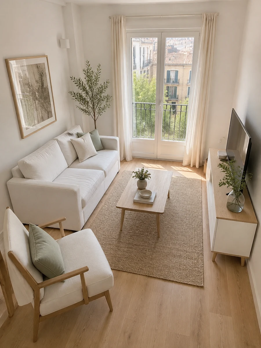 Distribución de un salón pequeño con muebles blancos y paso despejado