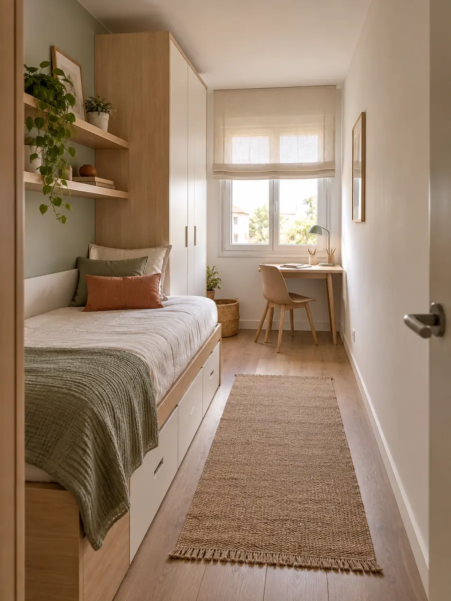Habitación juvenil alargada con muebles agrupados en una pared y pasillo despejado