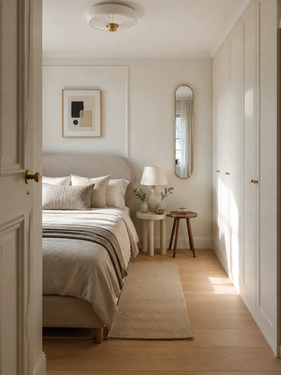 Dormitorio clásico pequeño renovado con muebles claros, espejo y molduras decorativas