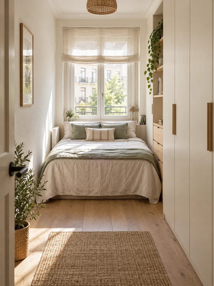 Dormitorio estrecho con cama doble bajo la ventana y armario lateral