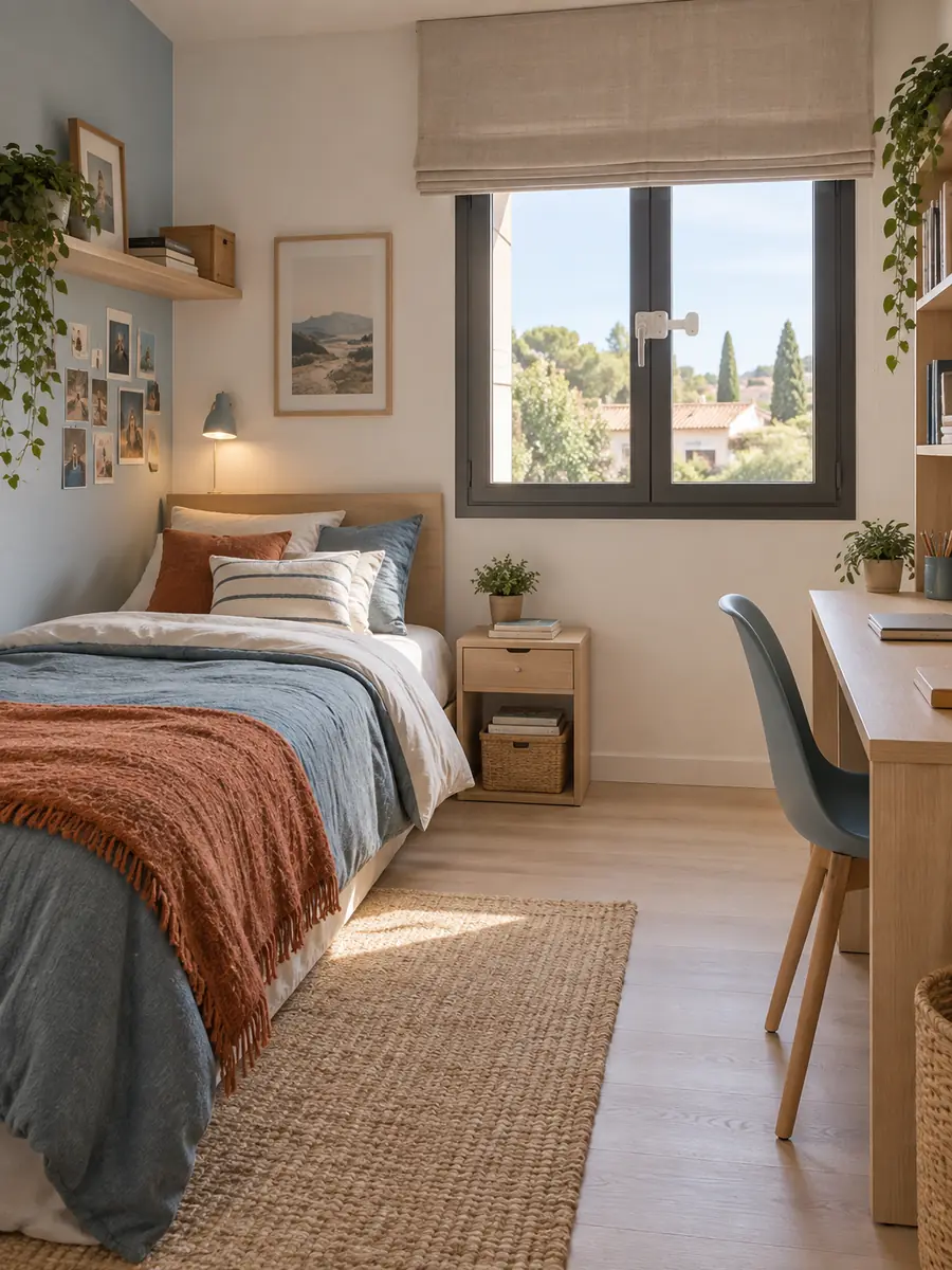 Dormitorio juvenil con cama lateral y ventana protegida con cierre de seguridad