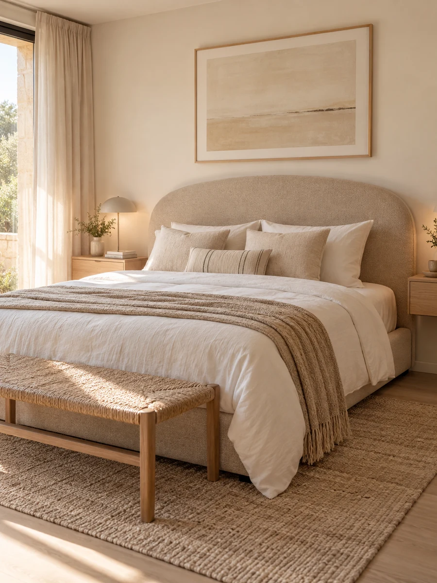 Dormitorio de matrimonio moderno con cabecero tapizado beige y textiles naturales