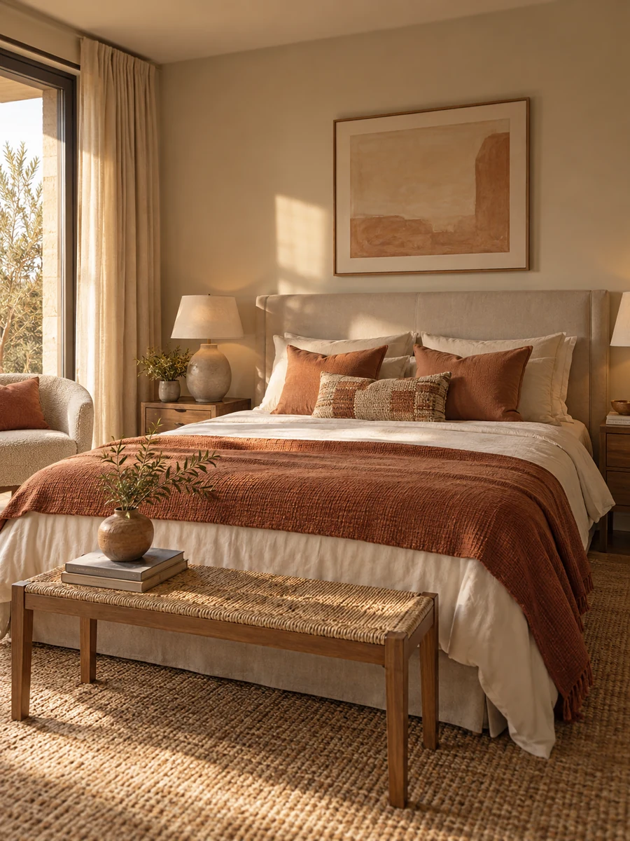 Dormitorio de matrimonio moderno decorado en tonos terracota y tierra