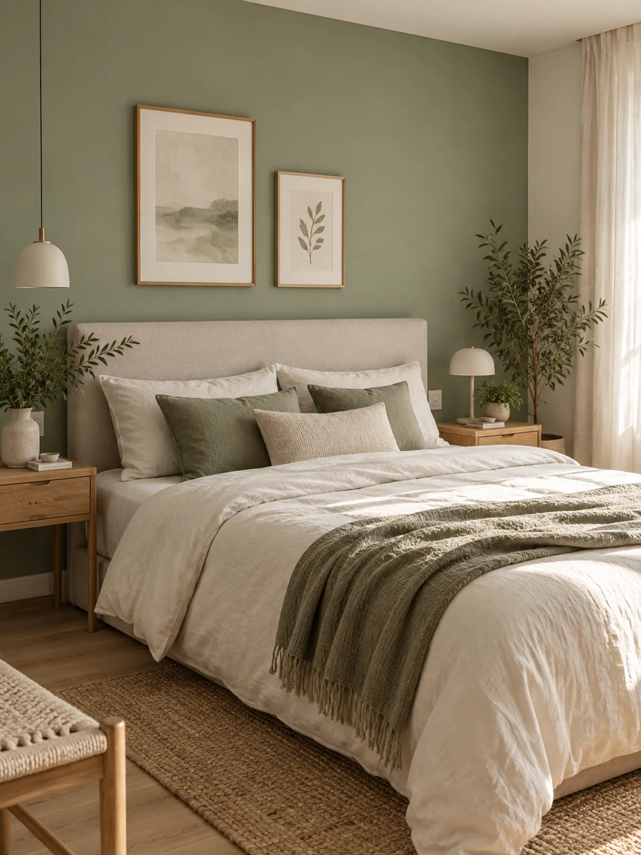Dormitorio de matrimonio moderno con pared de cabecero verde salvia