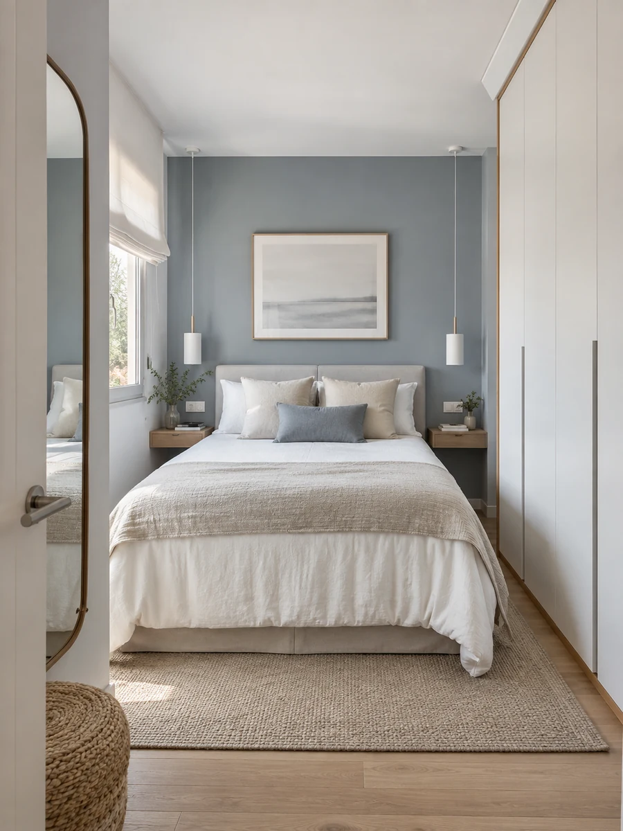 Dormitorio de matrimonio moderno pequeño con pared de cabecero azul grisáceo