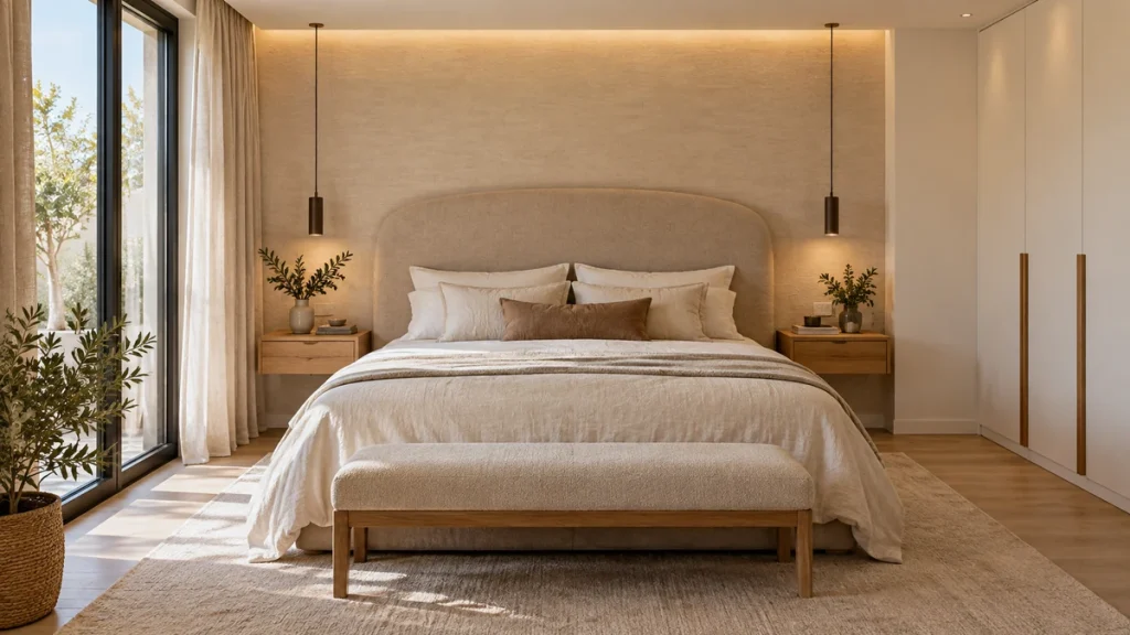 Dormitorio de matrimonio moderno con cabecero tapizado beige e iluminación cálida