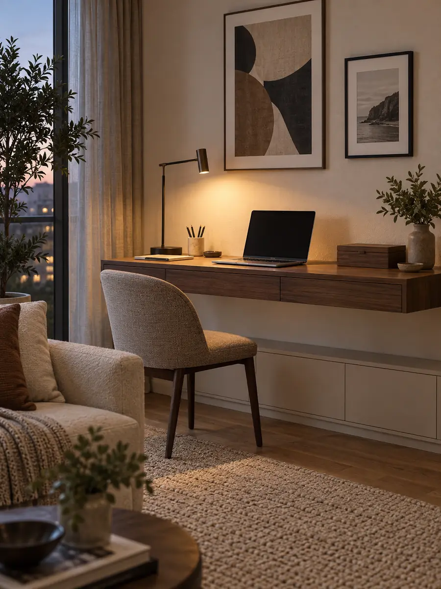 Escritorio del salón con iluminación y cables ocultos