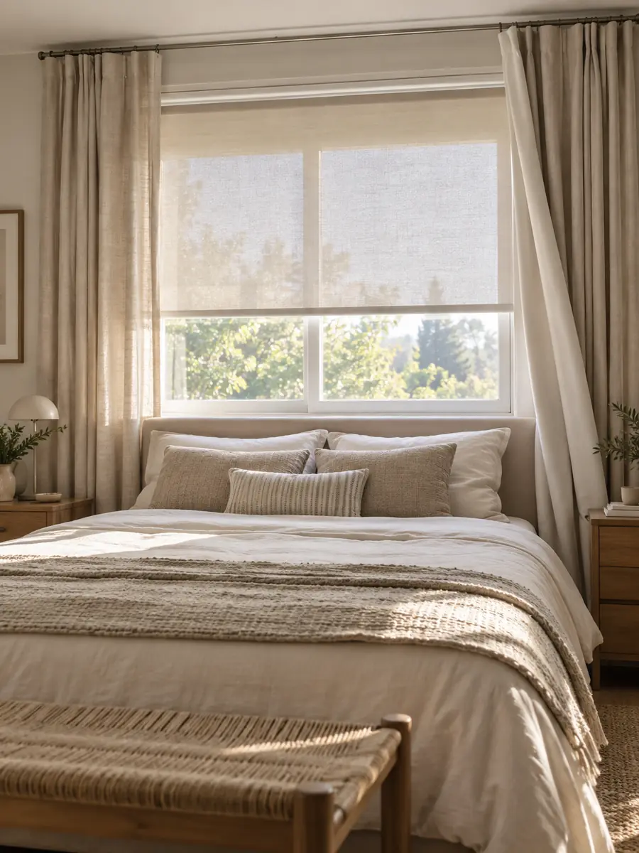 Cama bajo la ventana con estor traslúcido y cortinas para controlar la luz