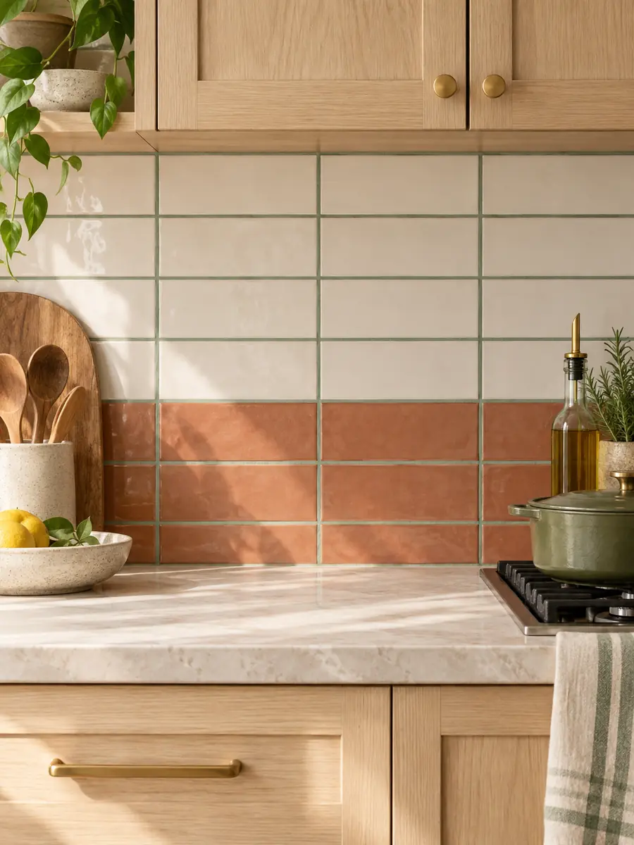 Frente de cocina bicolor con azulejos blancos, franja terracota y junta verde salvia