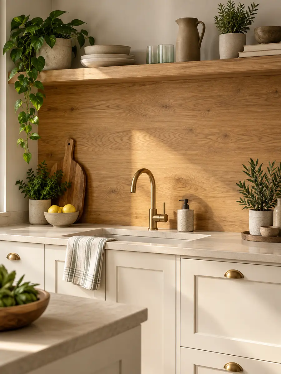 Frente de cocina con acabado de madera de roble protegido contra la humedad