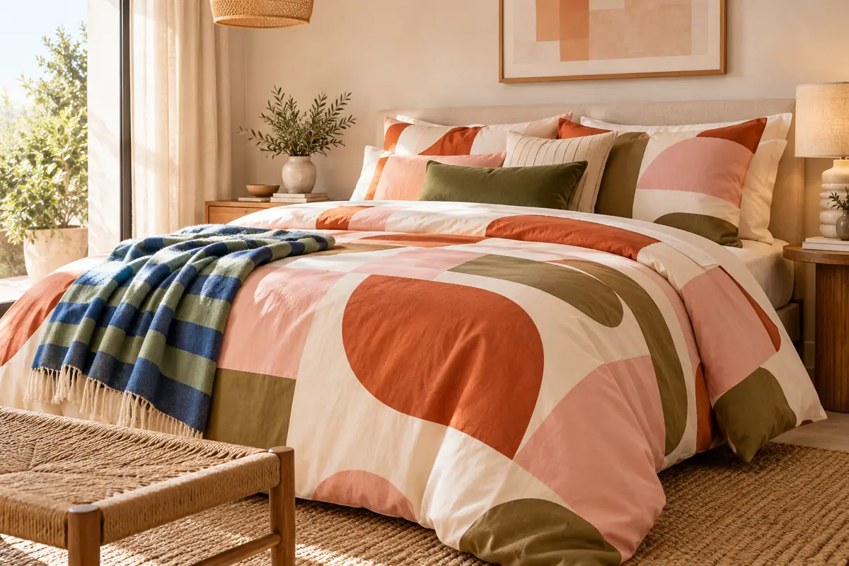 Fundas nórdicas de algodón para renovar el dormitorio Dormitorio decorado con una funda nórdica de algodón en tonos terracota y rosa