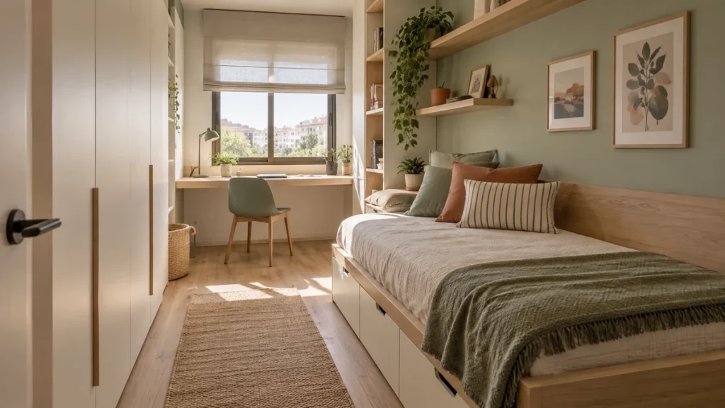 Dormitorio juvenil alargado y estrecho con cama, escritorio junto a la ventana y almacenaje vertical