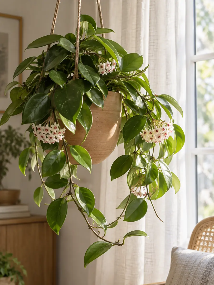 Hoya o flor de cera en una maceta colgante junto a una ventana luminosa